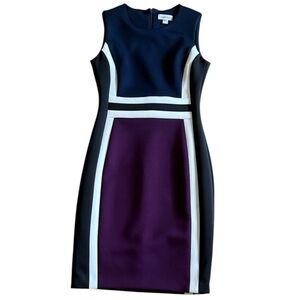 CALVIN KLEIN SLEEVELESS COLORBLOCKED NAVY & WINE SHEATH DRESS HITS AT KNEE SZ 4